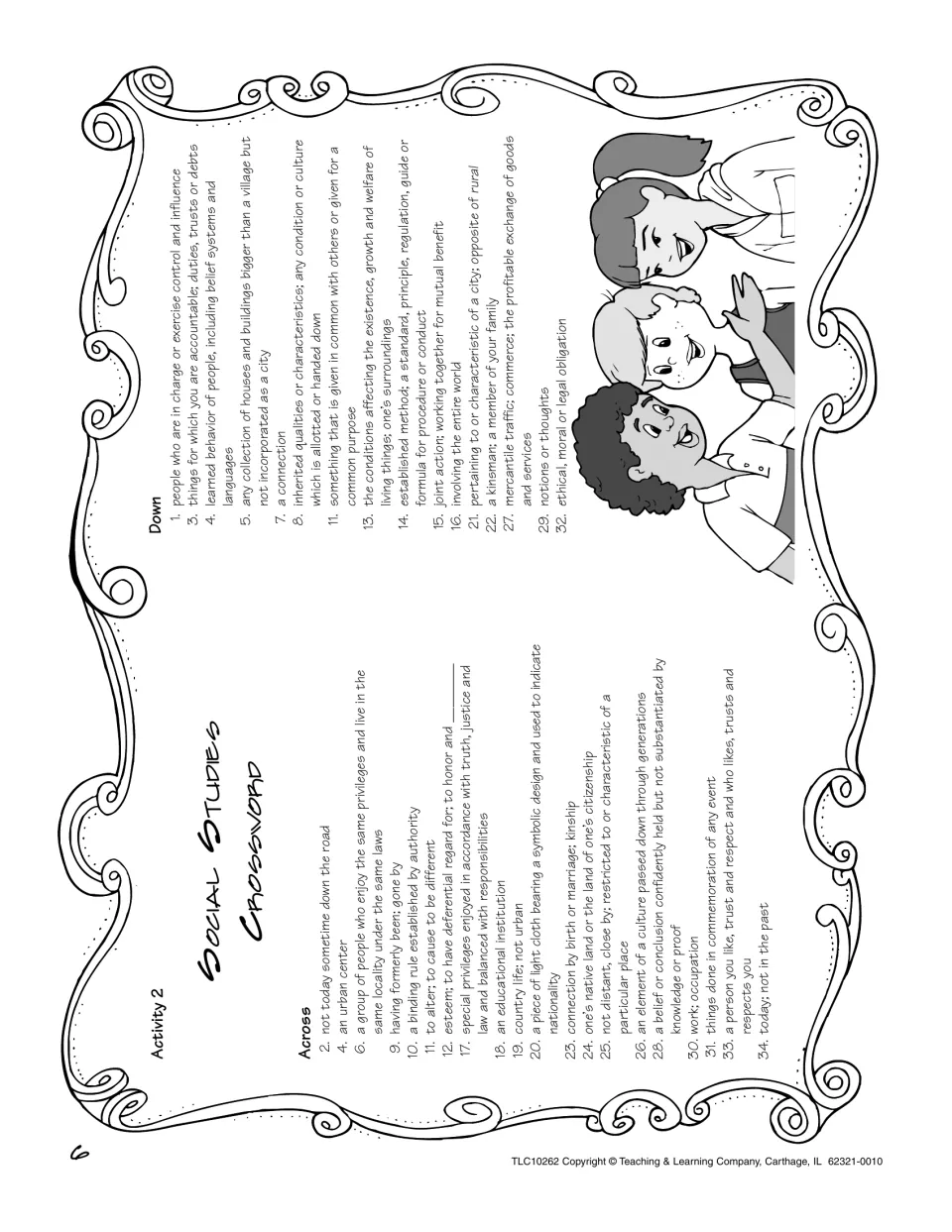 Social studies crossword clues: students solve Across and Down definitions of civics, culture and geography vocabulary