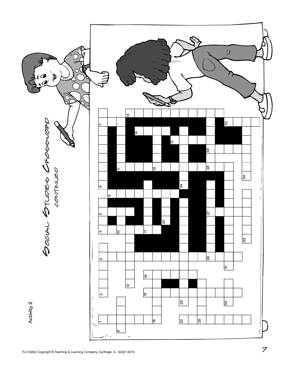 Social studies crossword grid, continued: numbered entries 1 to 34 where students write vocabulary answers to the clues