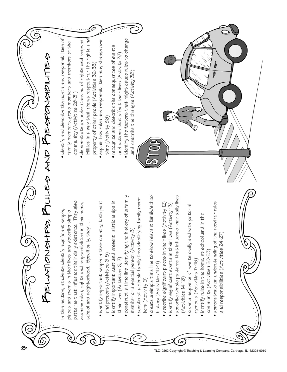 Relationships, Rules and Responsibilities overview listing what students explore in Activities 3 to 38, such as family trees