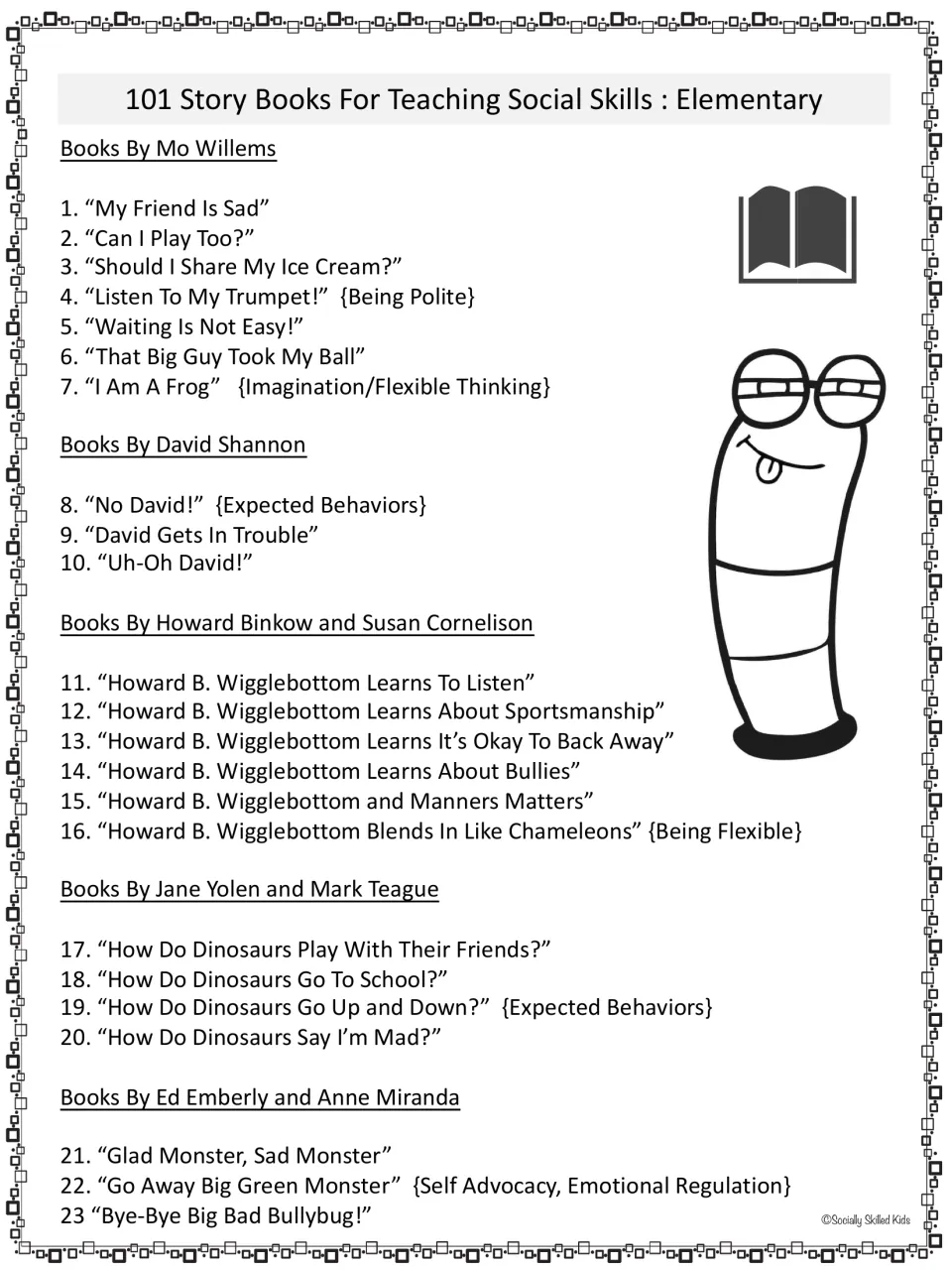 Social skills book recommendations 1–23, including Mo Willems, David Shannon, and Howard B. Wigglebottom