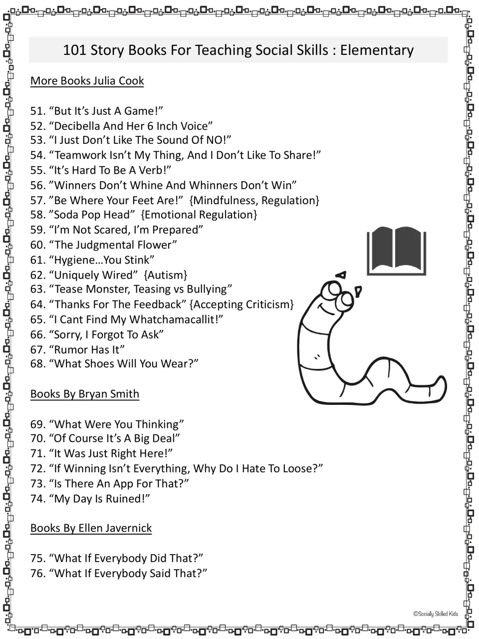 Social skills book recommendations 51–76, continuing Julia Cook and adding Bryan Smith and Ellen Javernick