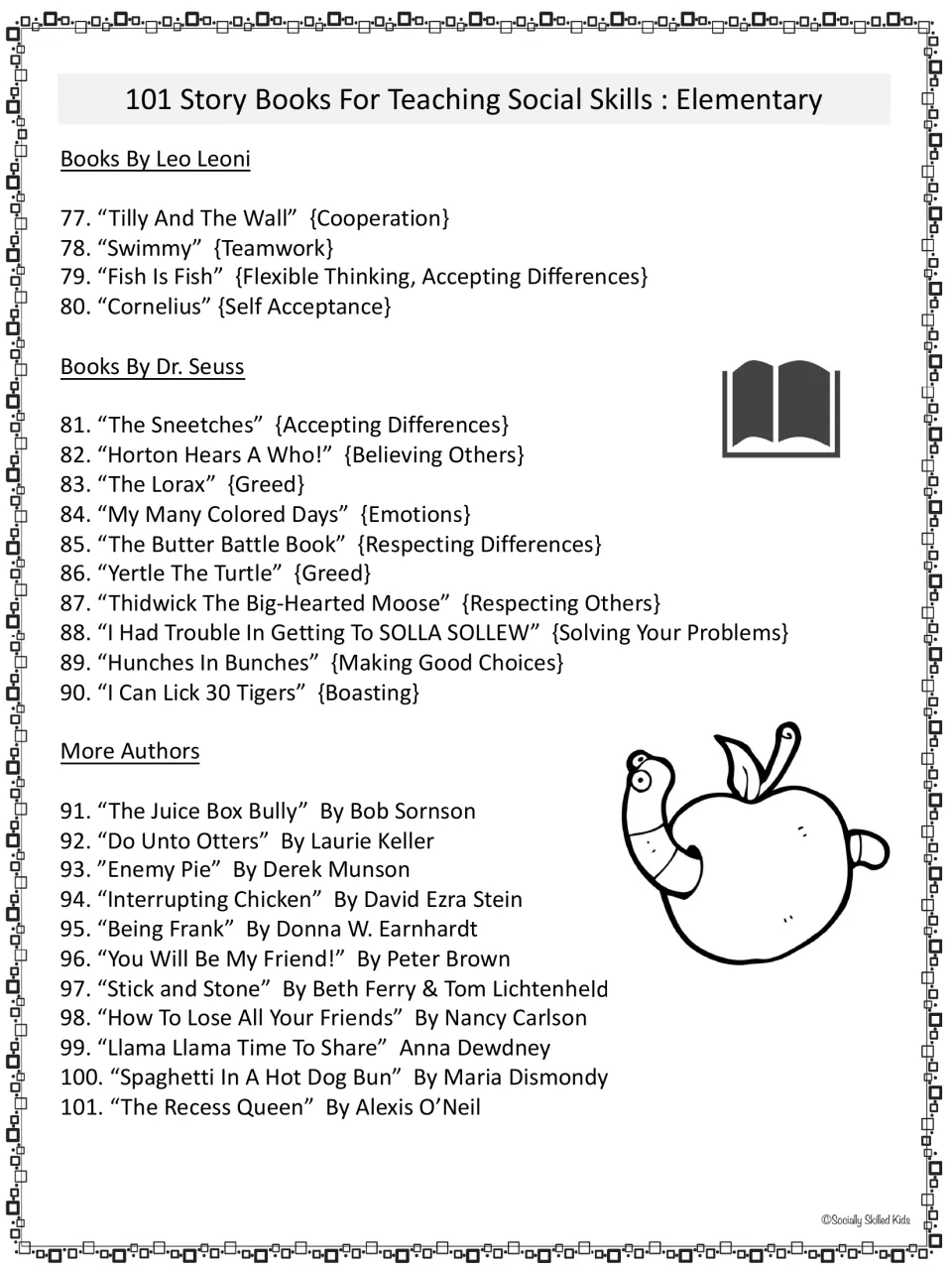 Social skills book recommendations 77–101 by Leo Leoni, Dr. Seuss, and others, ending with The Recess Queen