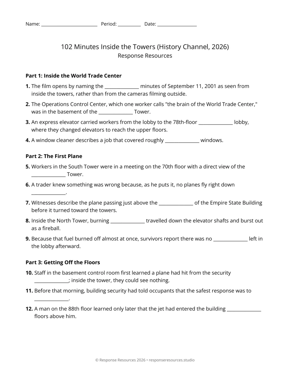 Video response questions 1–12 cover the World Trade Center, the first plane, and getting off the floors.