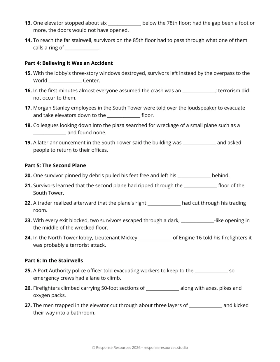 Video response questions 13–27 cover escape routes, belief in an accident, the second plane, and stairwells.