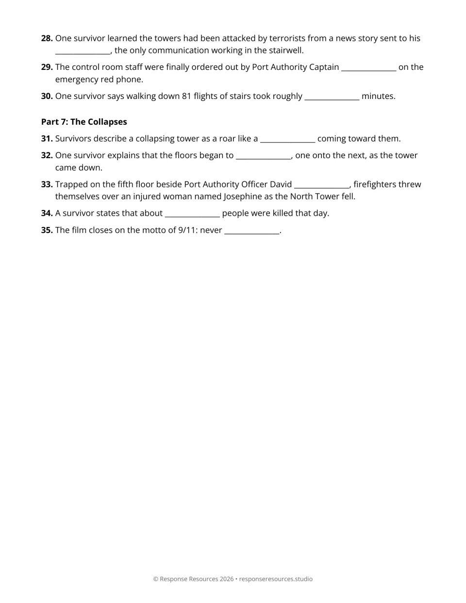 Video response questions 28–35 cover stairwell communication, evacuation orders, and the tower collapses.
