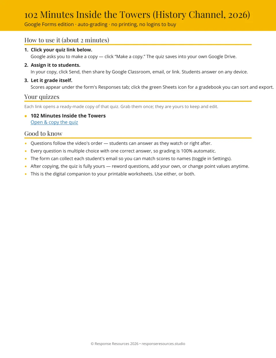 Google Forms companion instructions explain how to copy the quiz, assign it, and view automatic scores.