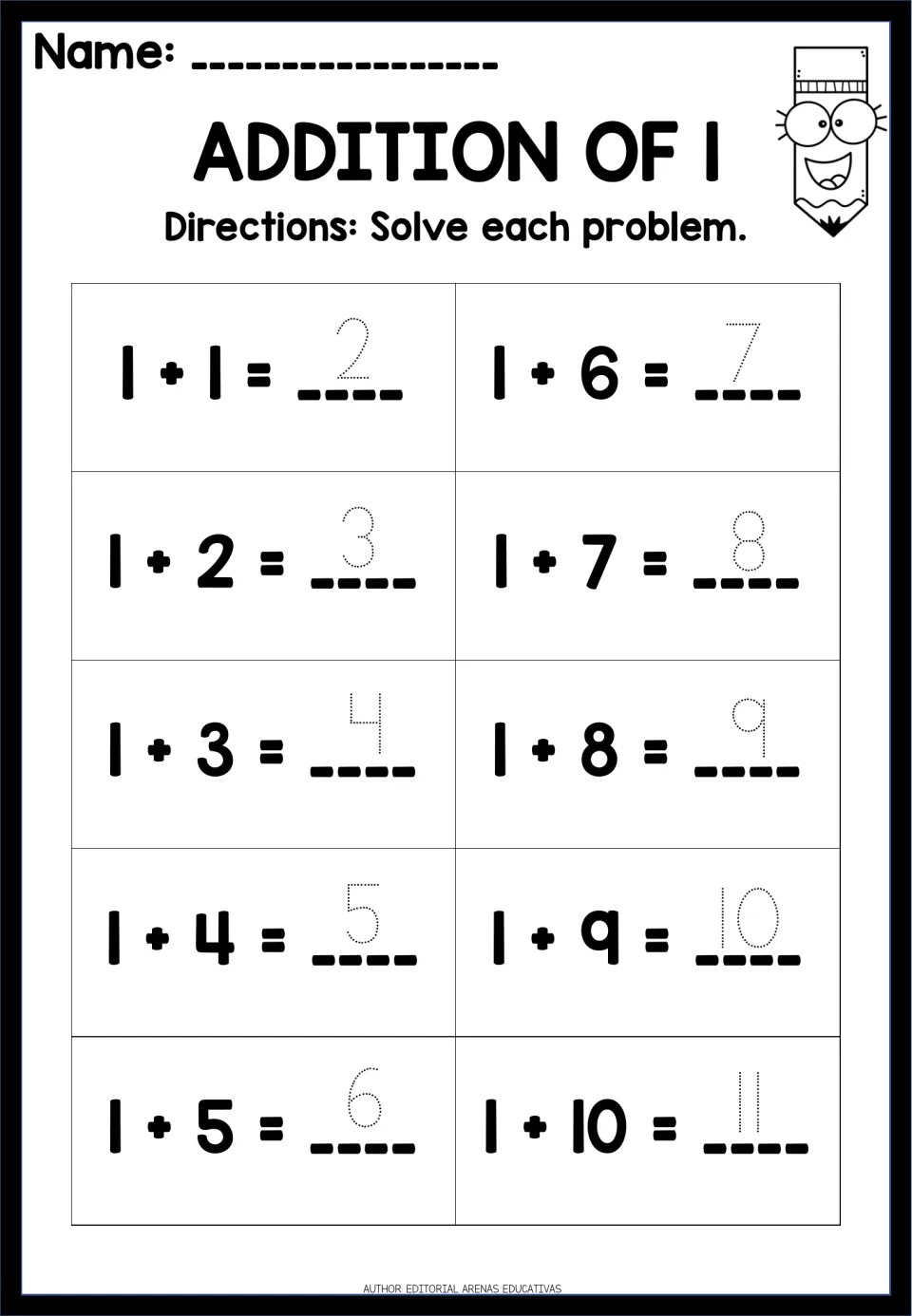 Addition of 1: students trace the dotted answer to each of 10 facts, 1 + 1 through 1 + 10, writing sums from 2 to 11
