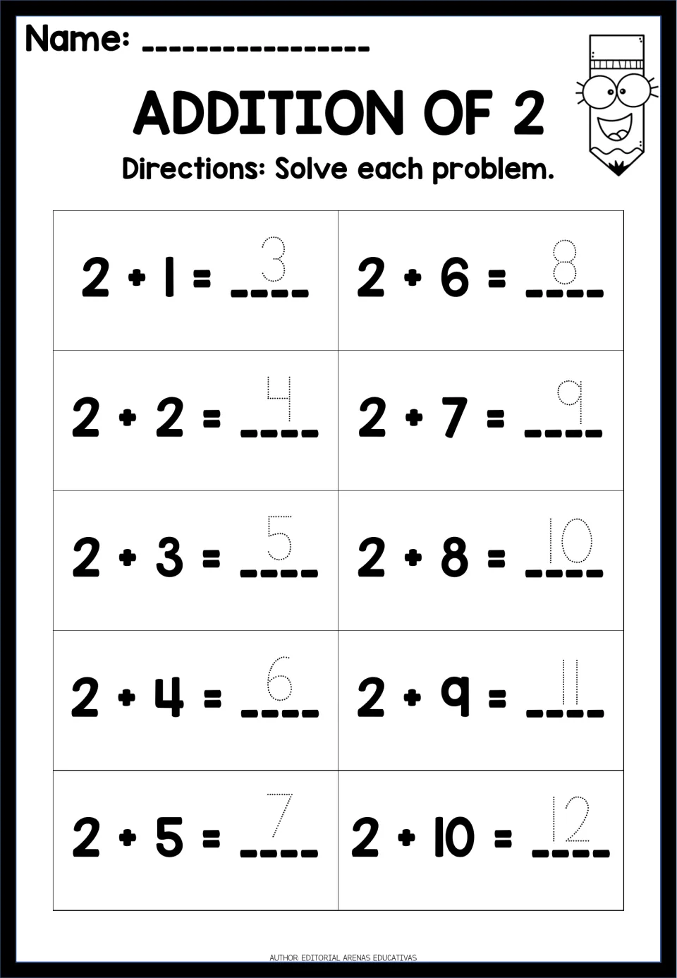 Addition of 2: students trace the dotted answer to each of 10 facts, 2 + 1 through 2 + 10, writing sums from 3 to 12