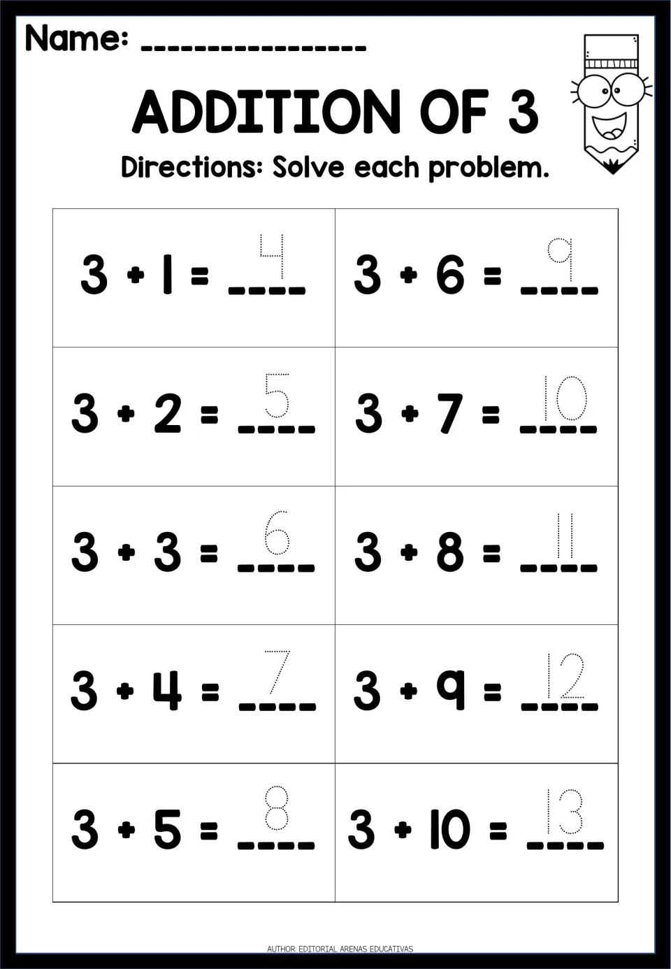 Addition of 3: students trace the dotted answer to each of 10 facts, 3 + 1 through 3 + 10, writing sums from 4 to 13