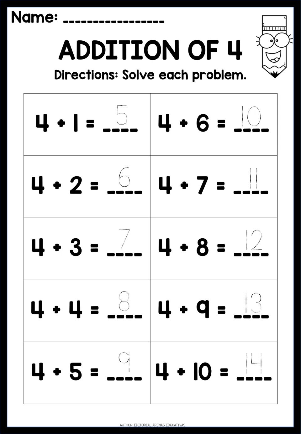 Addition of 4: students trace the dotted answer to each of 10 facts, 4 + 1 through 4 + 10, writing sums from 5 to 14