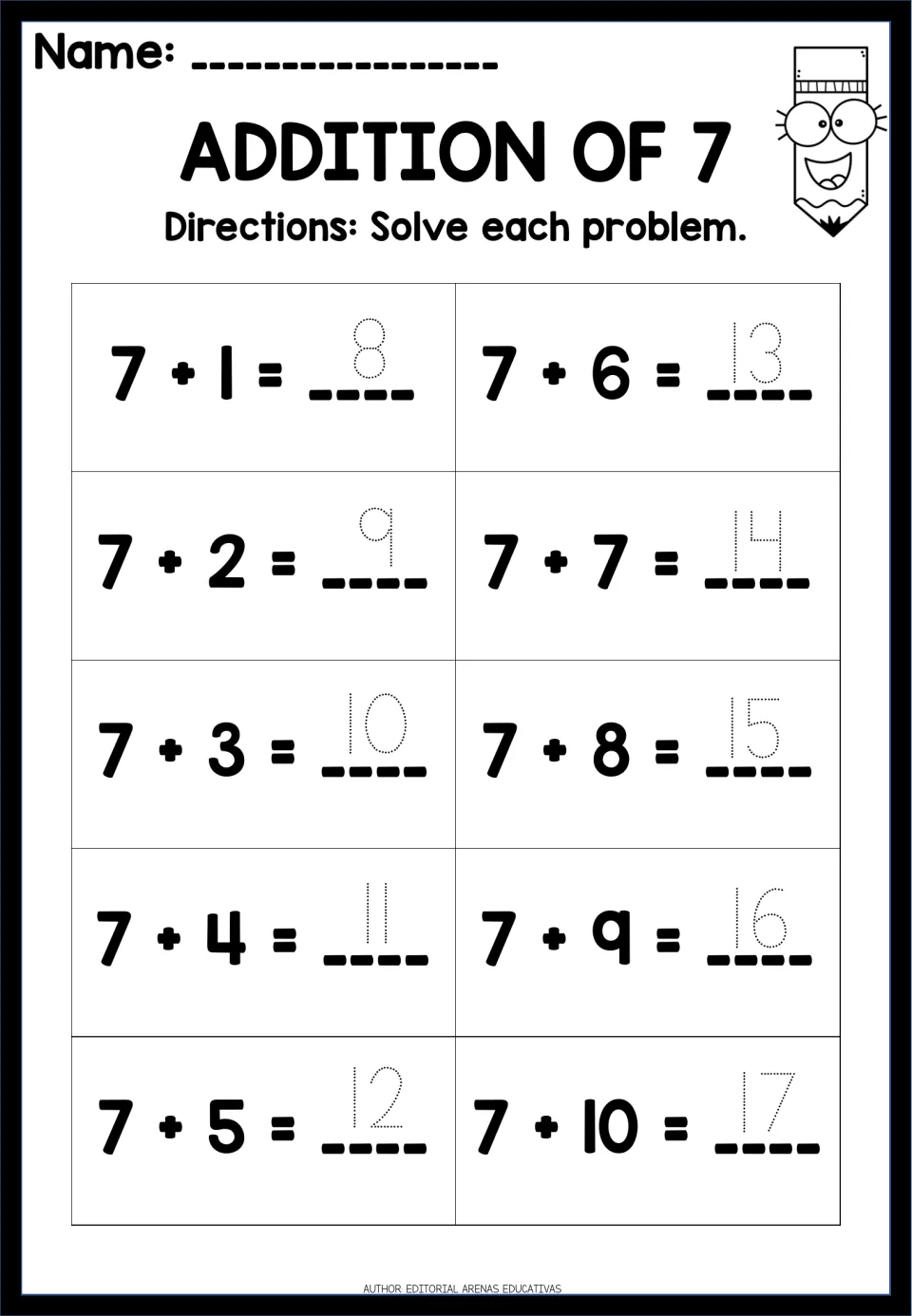 Addition of 7: students trace the dotted answer to each of 10 facts, 7 + 1 through 7 + 10, writing sums from 8 to 17