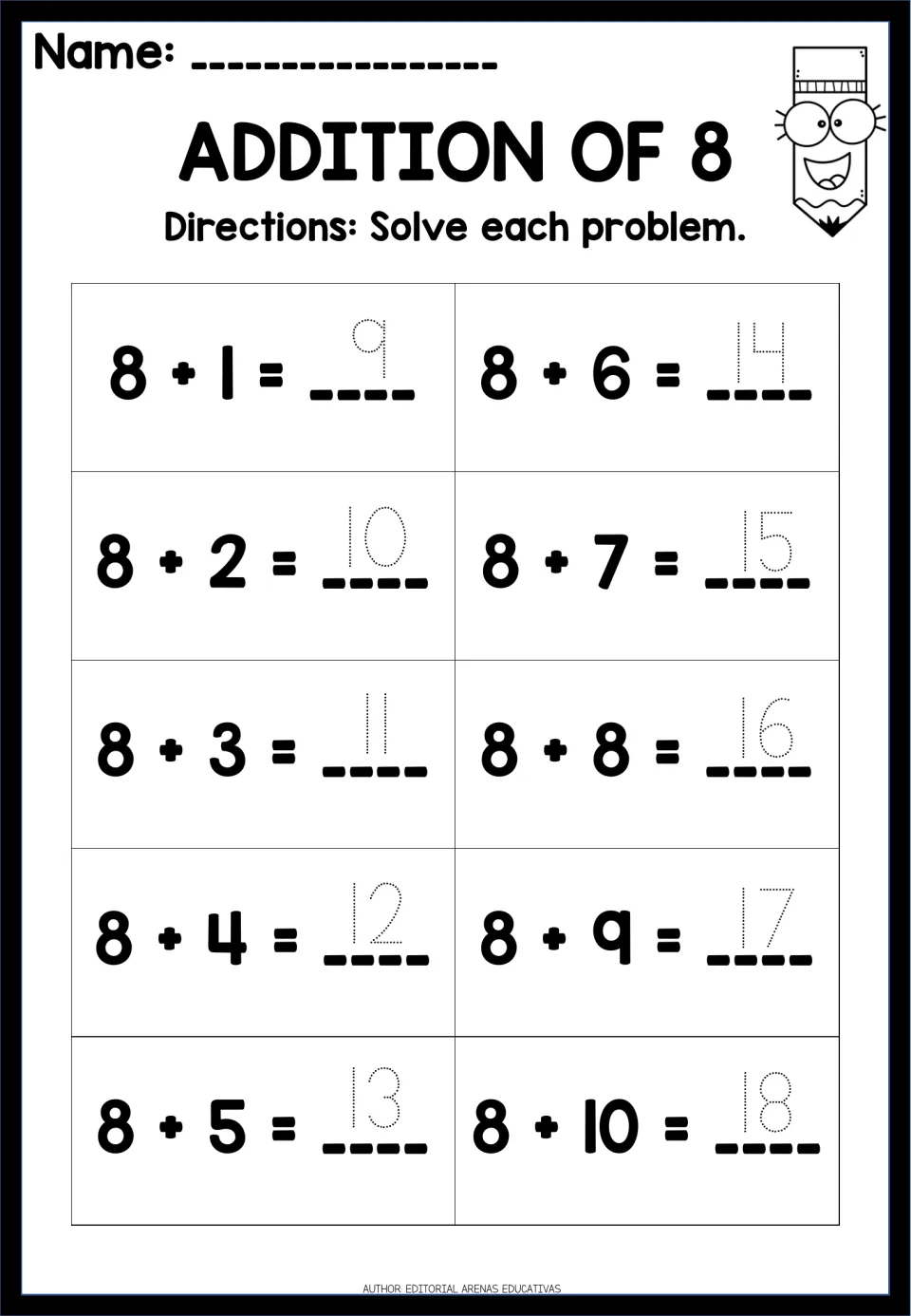 Addition of 8: students trace the dotted answer to each of 10 facts, 8 + 1 through 8 + 10, writing sums from 9 to 18