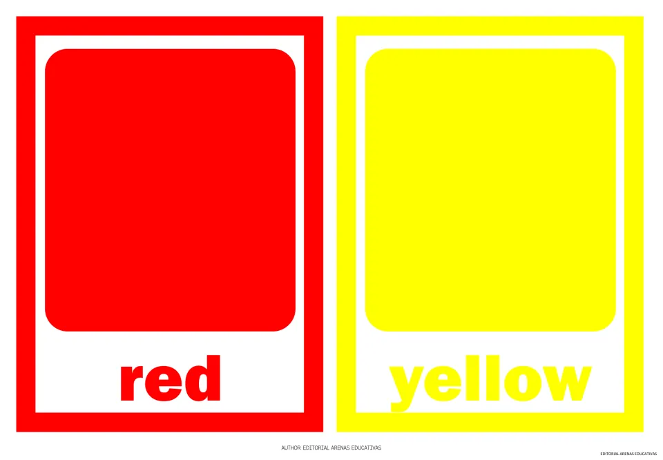 Color flashcards 1–2 of the 11-card set: red and yellow, each showing a color sample and its written name.