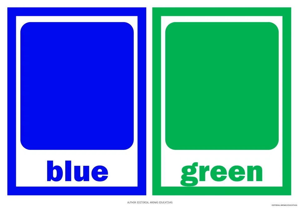 Color flashcards 3–4 of the 11-card set: blue and green, each showing a color sample and its written name.