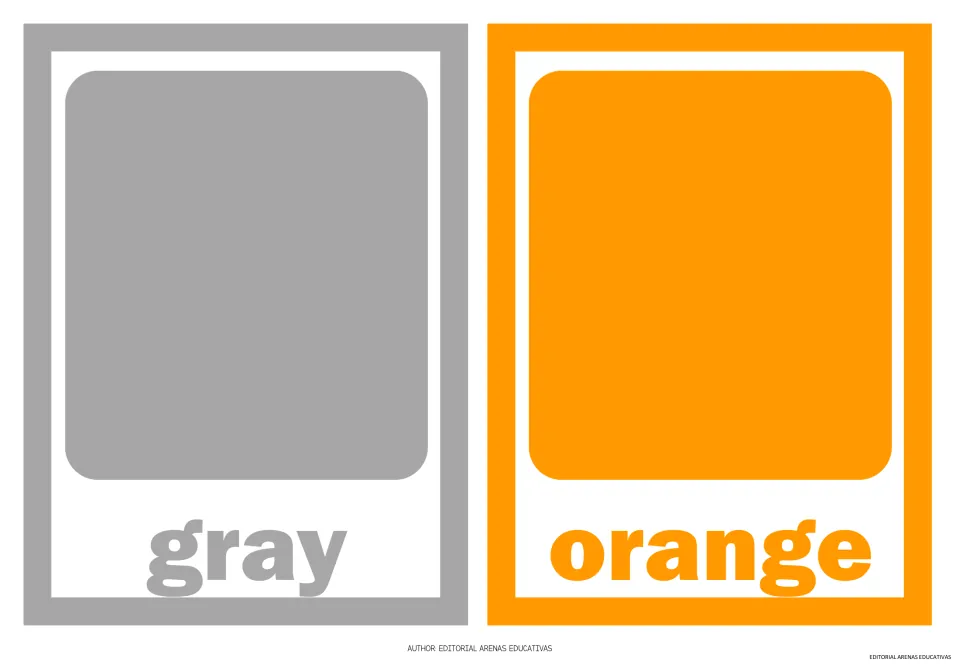 Color flashcards 5–6 of the 11-card set: gray and orange, each showing a color sample and its written name.