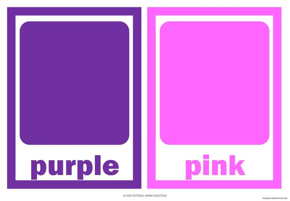 Color flashcards 7–8 of the 11-card set: purple and pink, each showing a color sample and its written name.