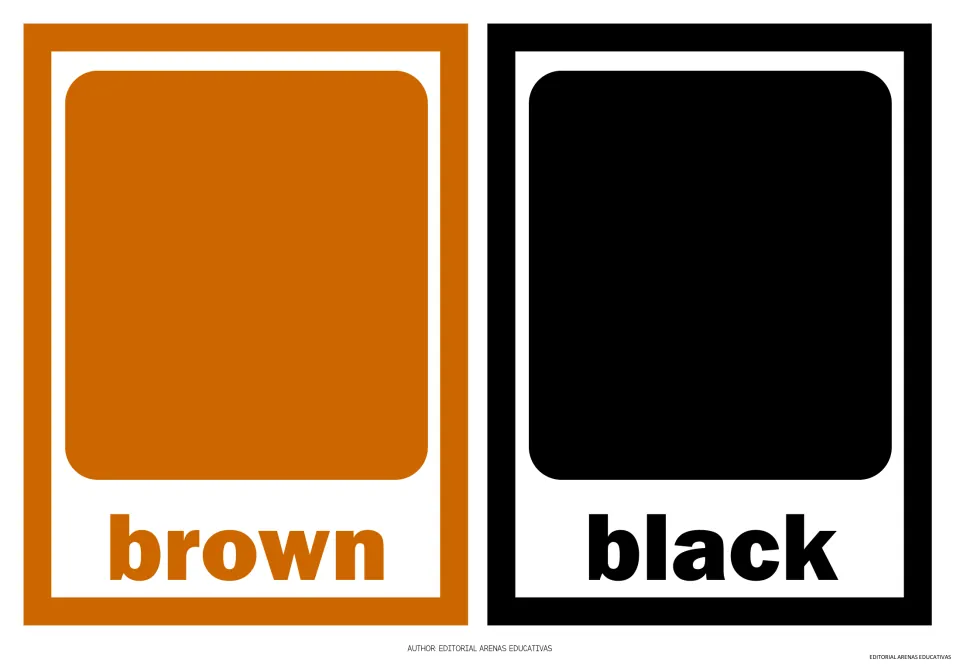 Color flashcards 9–10 of the 11-card set: brown and black, each showing a color sample and its written name.