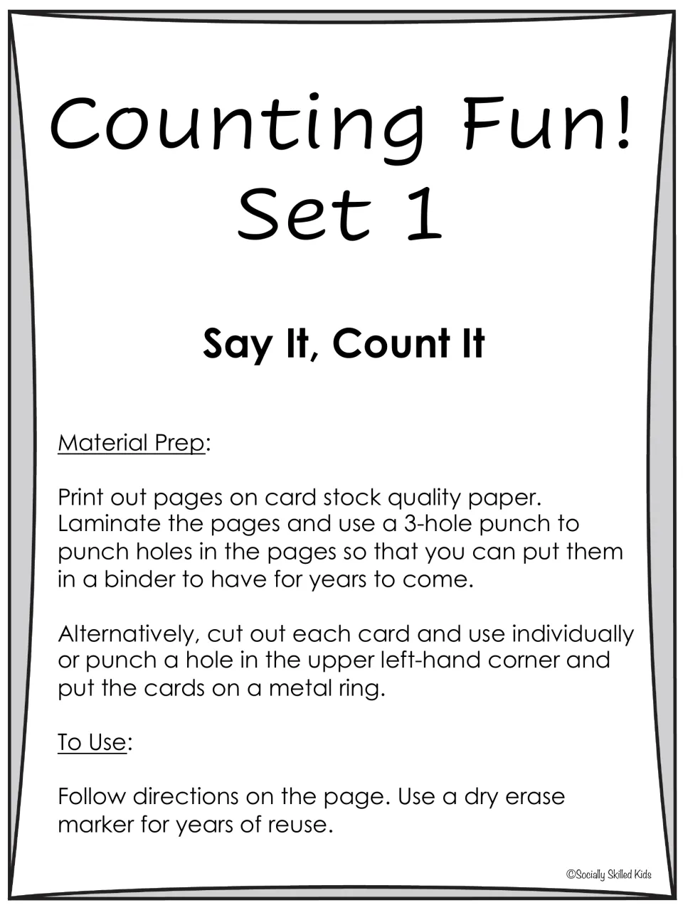 Counting Fun! Set 1, Say It, Count It: prep for card stock printing, laminating, binder or ring use and dry erase reuse