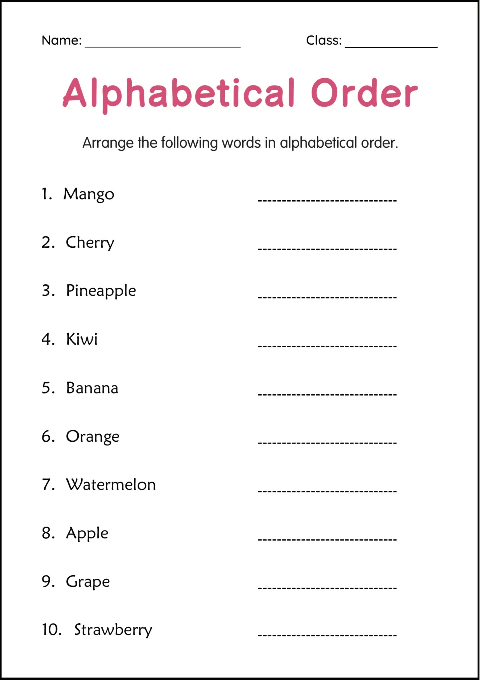 Alphabetical order practice with 10 fruit words, including Mango, Cherry, Pineapple, Kiwi, and Banana