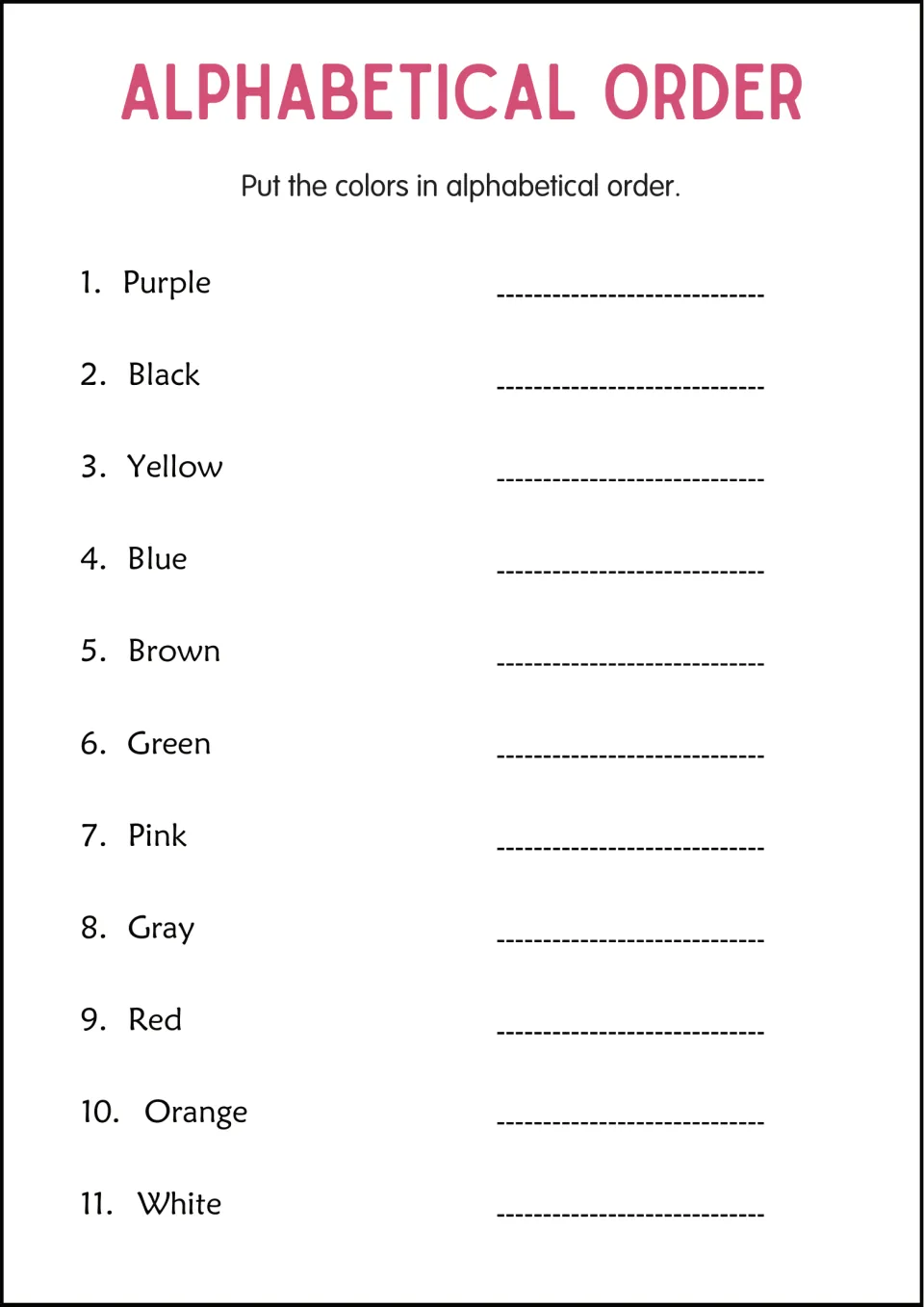 Alphabetical order practice with 11 color words, including Purple, Black, Yellow, Blue, Brown, and Gray