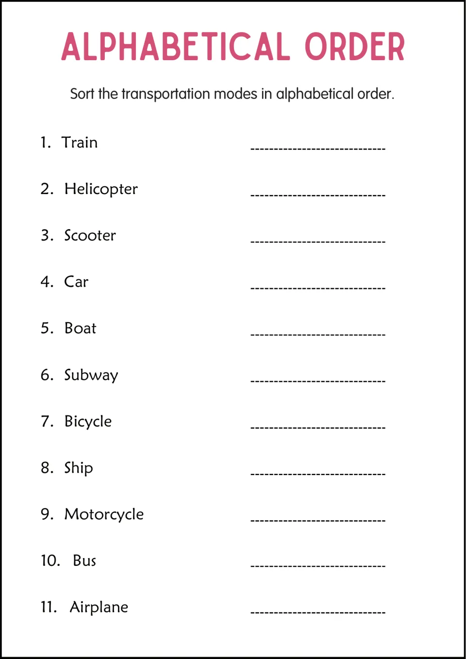 Alphabetical order practice with 11 transportation words, including Train, Helicopter, Scooter, and Car
