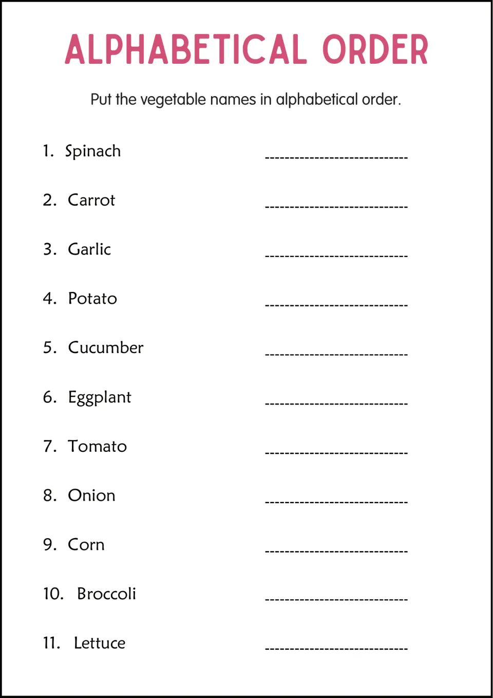 Alphabetical order practice with 11 vegetable names, including Spinach, Carrot, Garlic, and Potato
