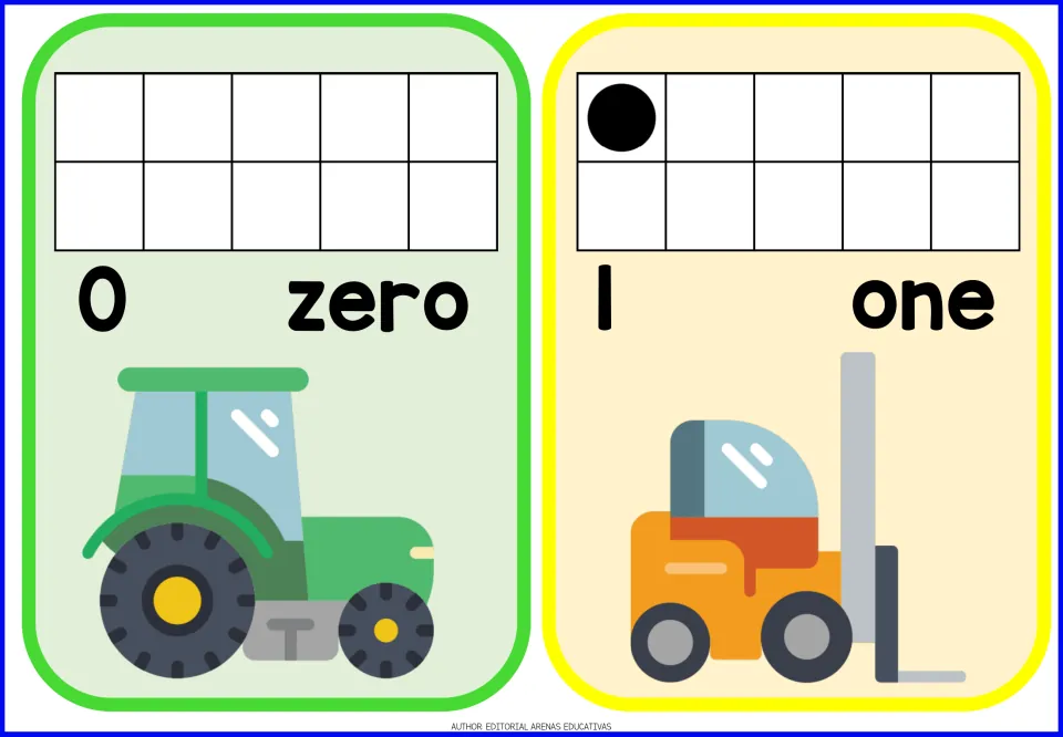 Number flashcards 0 (zero) and 1 (one), showing ten-frame quantities with a tractor and forklift