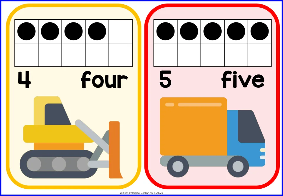 Number flashcards 4 (four) and 5 (five), showing ten-frame quantities with a bulldozer and box truck