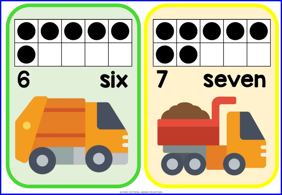 Number flashcards 6 (six) and 7 (seven), showing ten-frame quantities with a garbage truck and dump truck