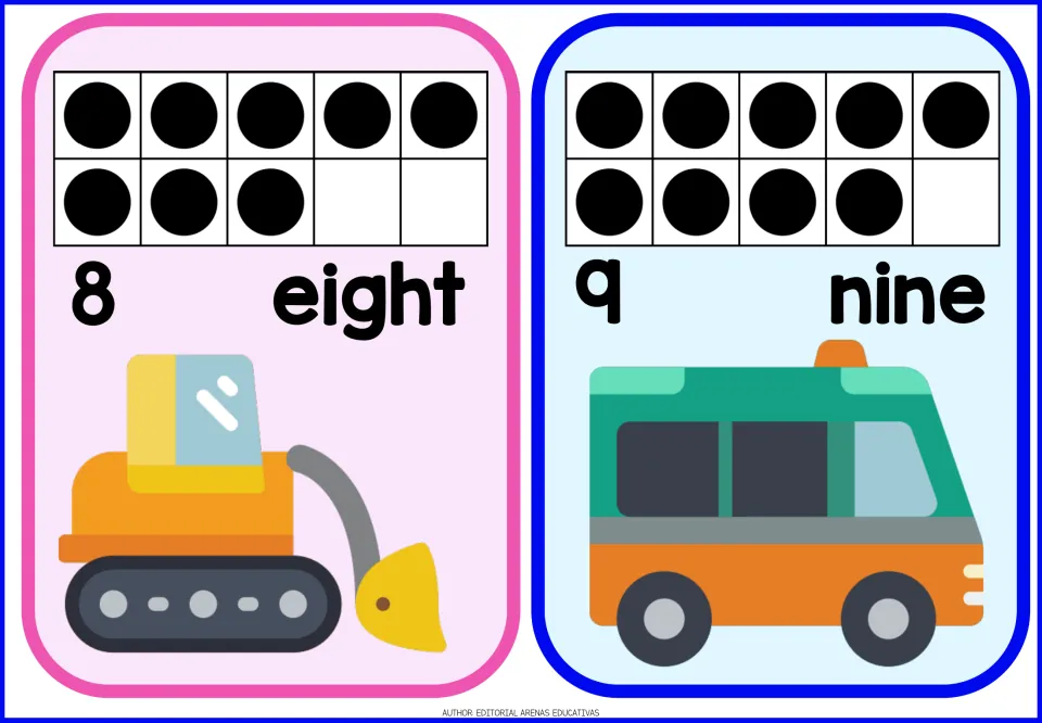 Number flashcards 8 (eight) and 9 (nine), showing ten-frame quantities with an excavator and a van