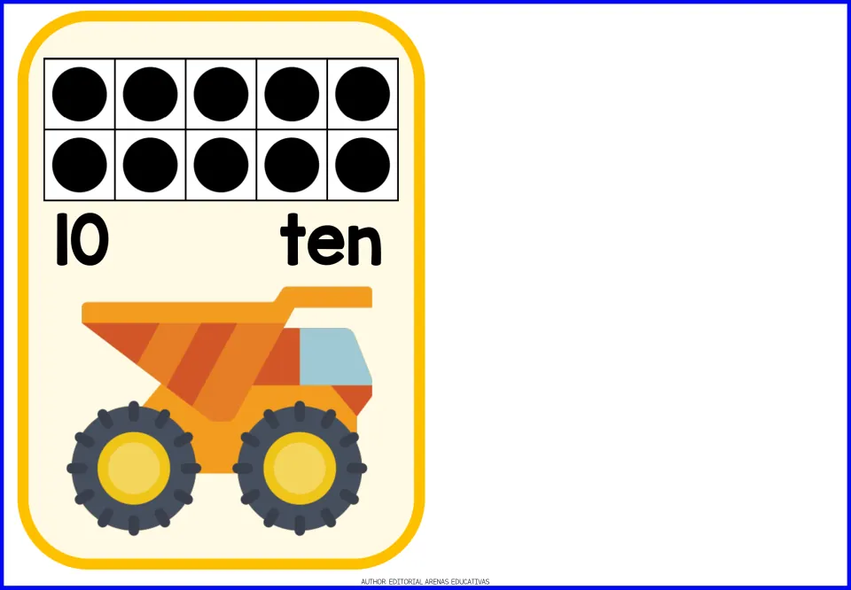Final number flashcard, 10 (ten), showing ten dots in a full ten-frame and a large orange dump truck