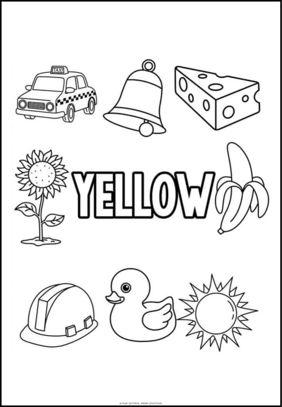 Yellow coloring sheet with the word YELLOW and eight pictures: a taxi, bell, cheese, banana and four more