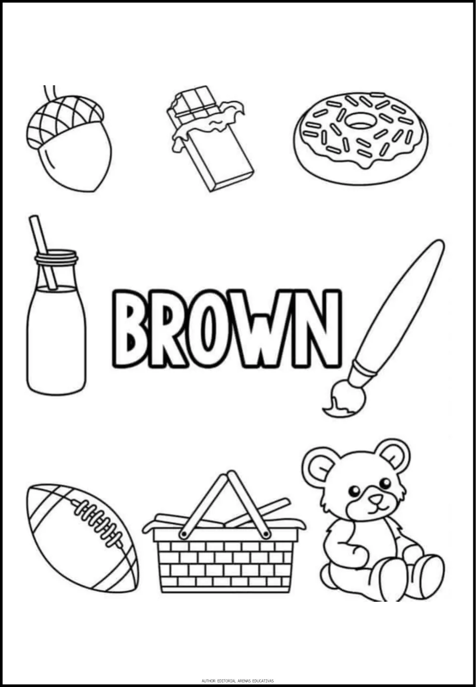 Brown coloring sheet with the word BROWN and eight pictures: an acorn, chocolate, doughnut and five more