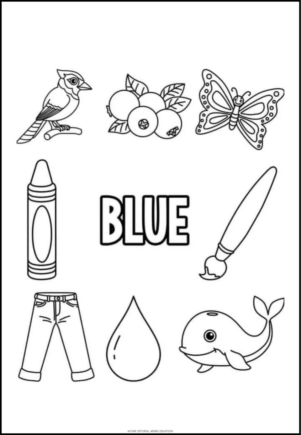 Blue coloring sheet with the word BLUE and eight pictures: a bird, blueberries, butterfly and five more