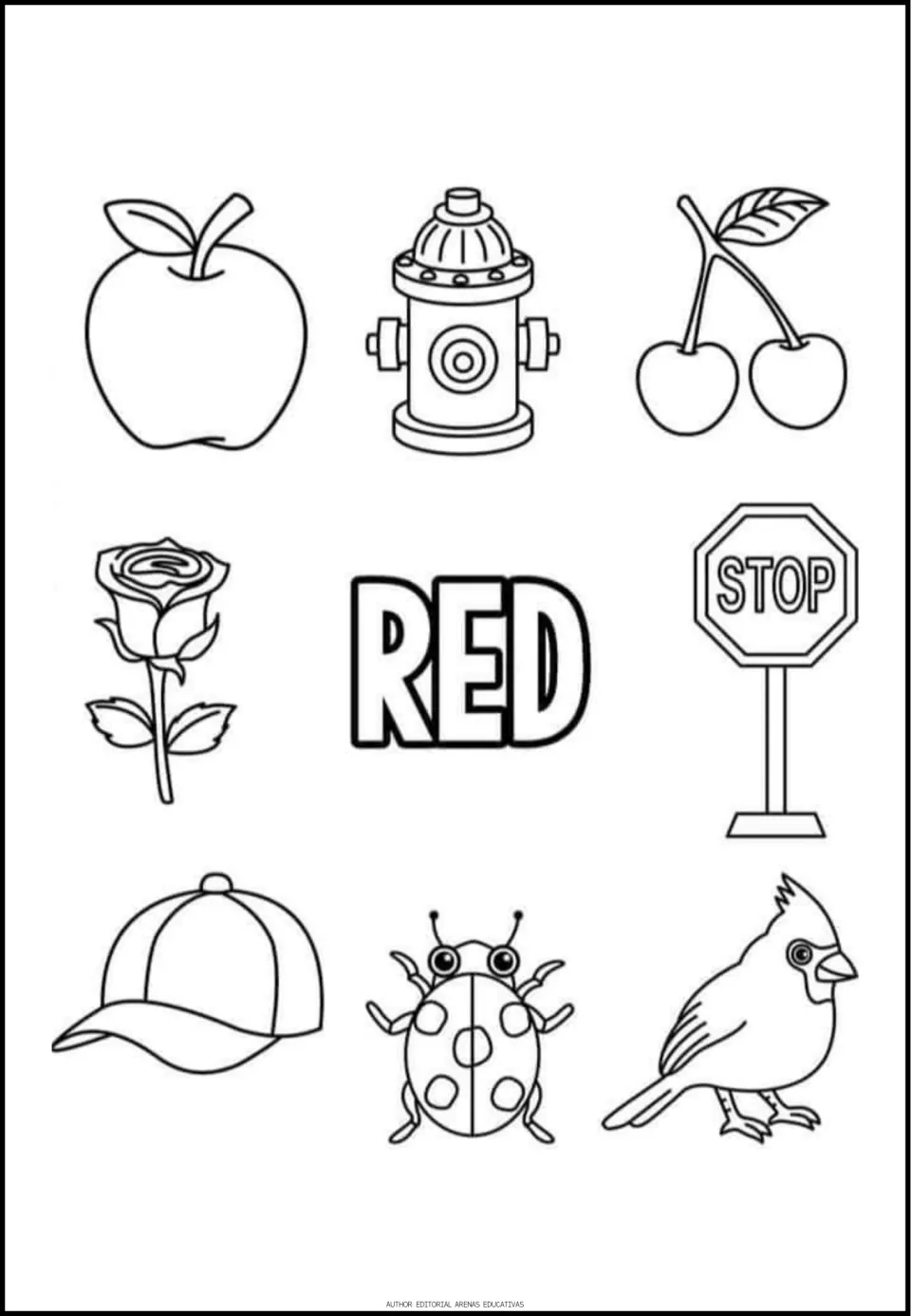 Red coloring sheet with the word RED and eight pictures: an apple, fire hydrant, cherries and five more