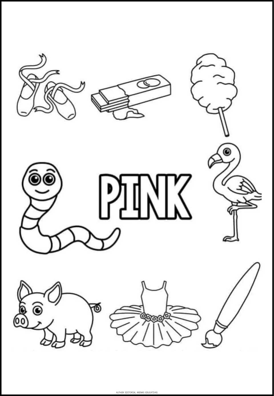 Pink coloring sheet with the word PINK and eight pictures: ballet shoes, gum, cotton candy and five more