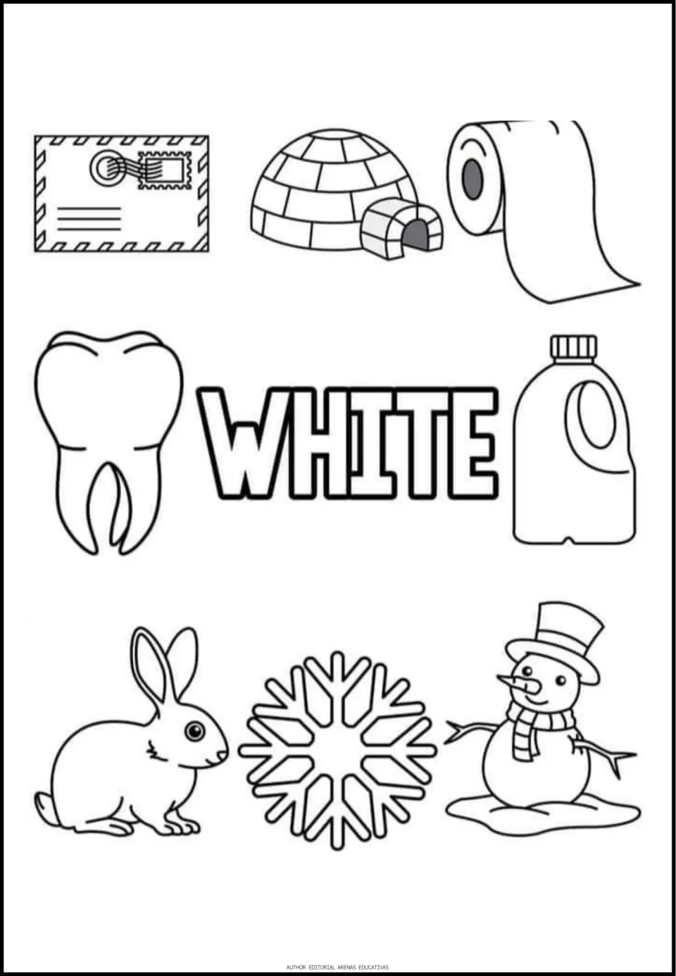White coloring sheet with the word WHITE and eight pictures: an envelope, igloo, tooth and five more