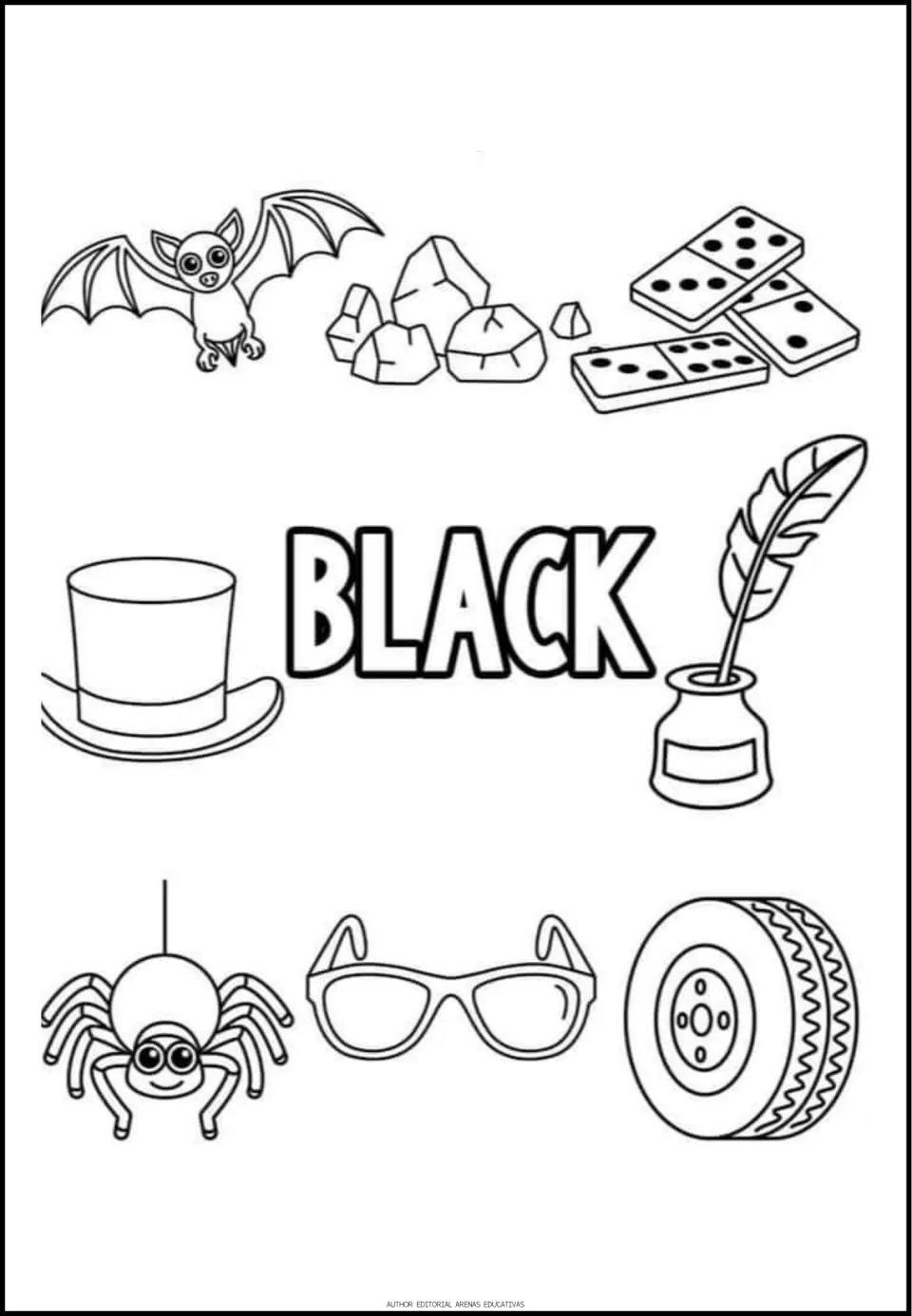 Black coloring sheet with the word BLACK and eight pictures: a bat, rocks, dominoes, hat and four more