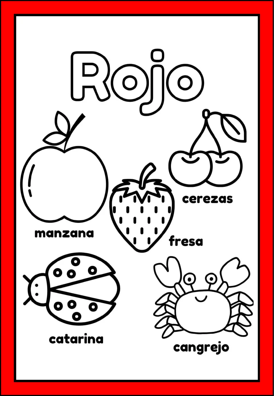 Rojo (red) minibook coloring page: apple, cherries, strawberry, ladybug, and crab, all labeled in Spanish