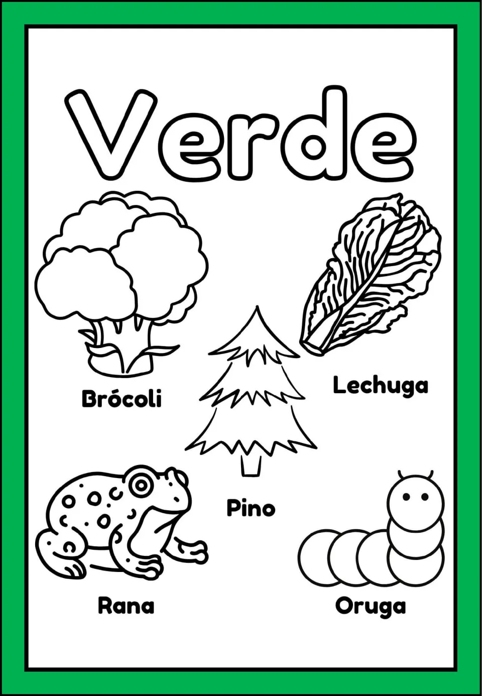 Verde (green) minibook coloring page: broccoli, lettuce, pine tree, frog, and caterpillar labeled in Spanish