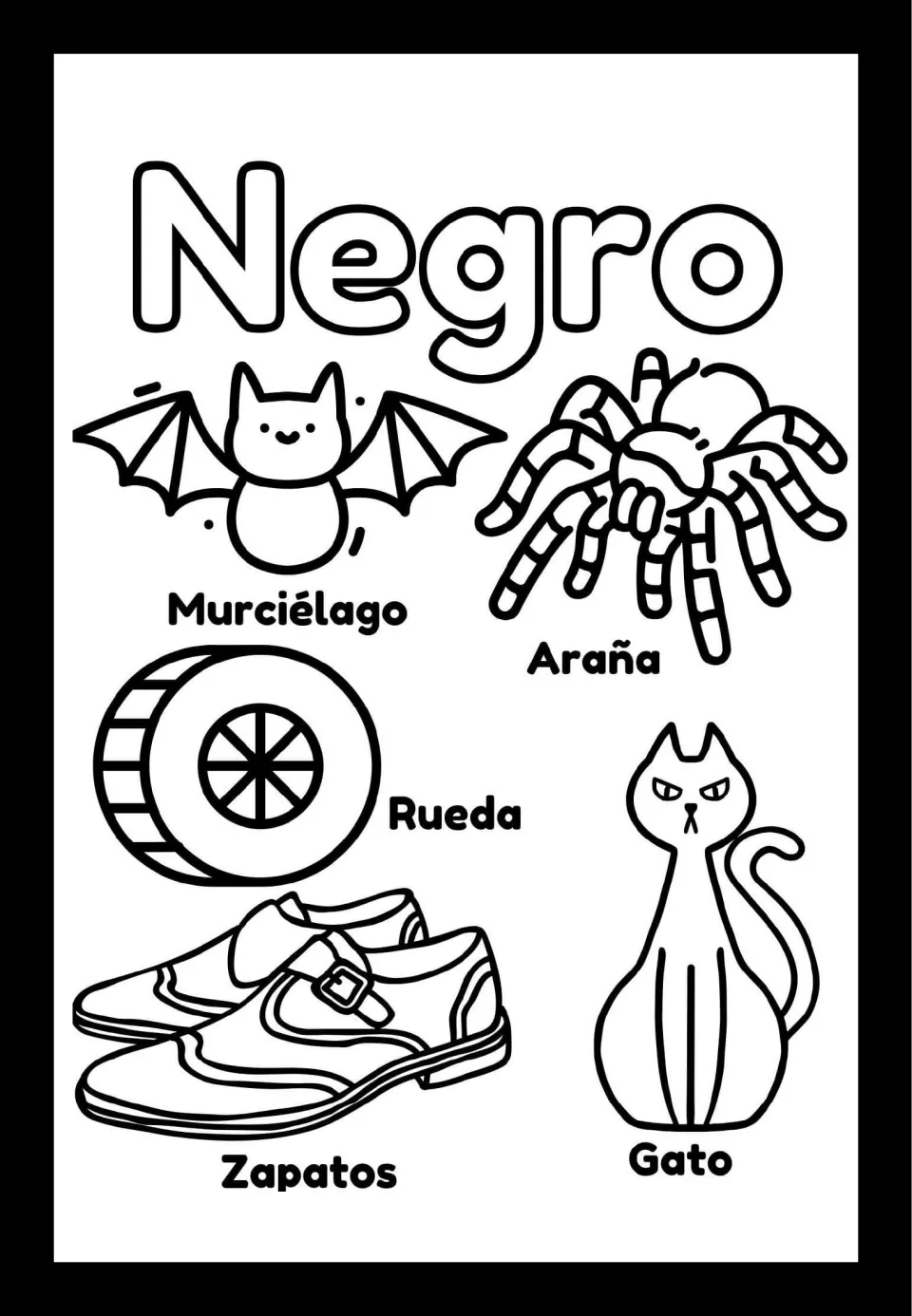 Negro (black) minibook coloring page: bat, spider, wheel, shoes, and cat, all labeled in Spanish