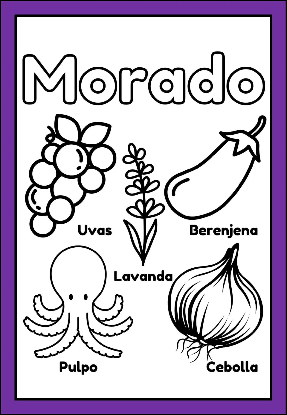 Morado (purple) minibook coloring page: grapes, eggplant, lavender, octopus, and onion labeled in Spanish