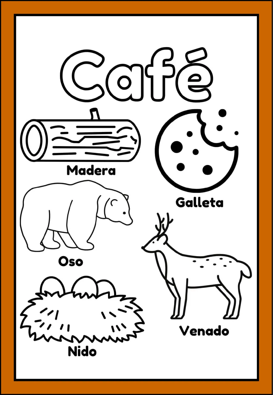 Café (brown) minibook coloring page: wood, cookie, bear, nest, and deer, all labeled in Spanish