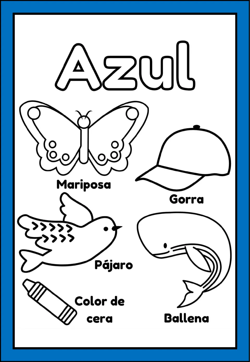 Azul (blue) minibook coloring page: butterfly, cap, bird, crayon, and whale, all labeled in Spanish