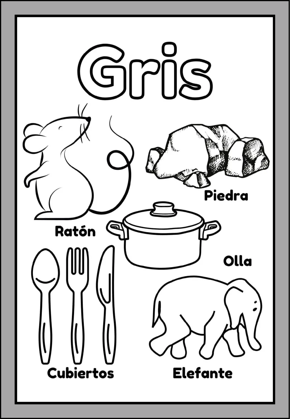 Gris (gray) minibook coloring page: mouse, stone, pot, utensils, and elephant, all labeled in Spanish
