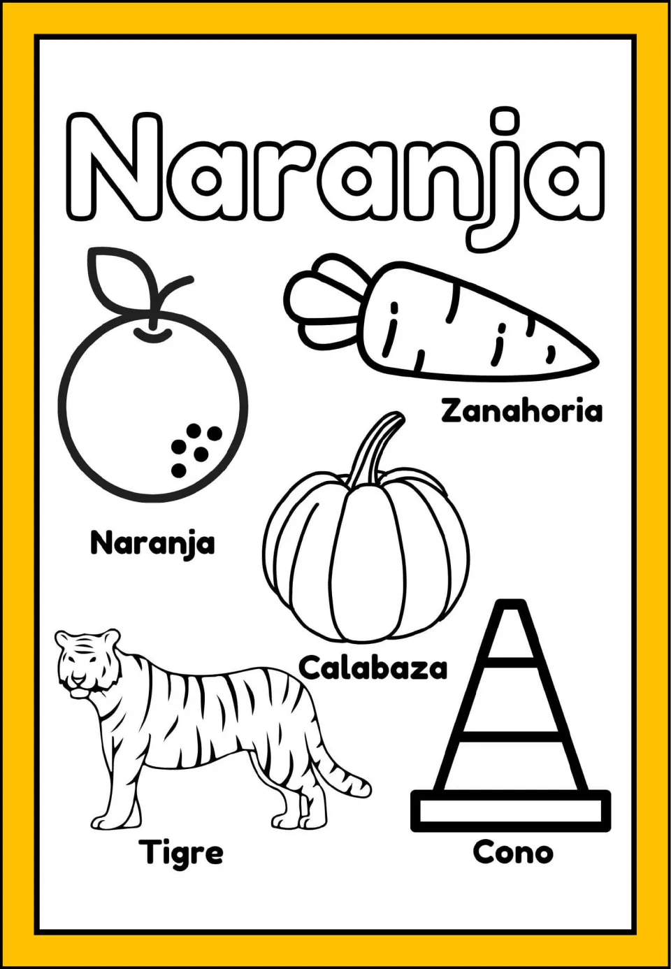 Naranja (orange) minibook coloring page: orange, carrot, pumpkin, tiger, and cone, all labeled in Spanish