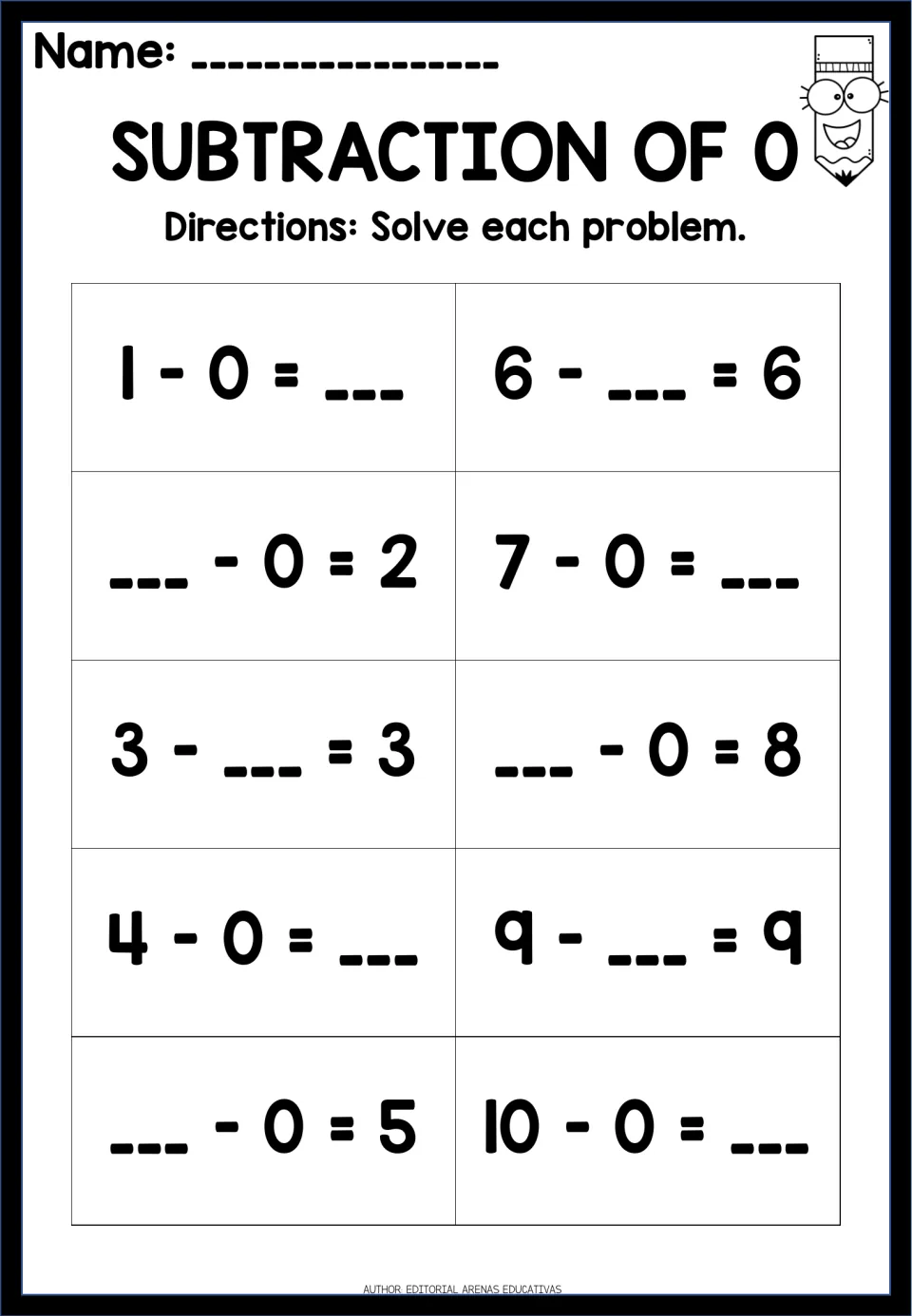 Subtraction of 0: students solve 10 facts with a missing number, such as 1 - 0 = ___, ___ - 0 = 2 and 6 - ___ = 6