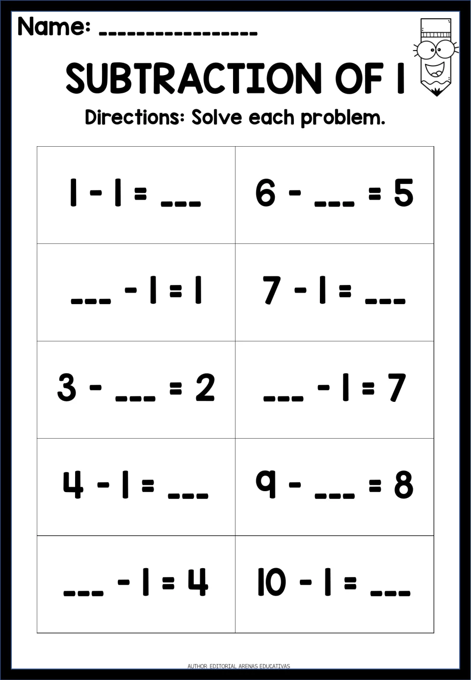 Subtraction of 1: students fill in the missing number in 10 facts, from 1 - 1 = ___ to ___ - 1 = 7 and 10 - 1 = ___