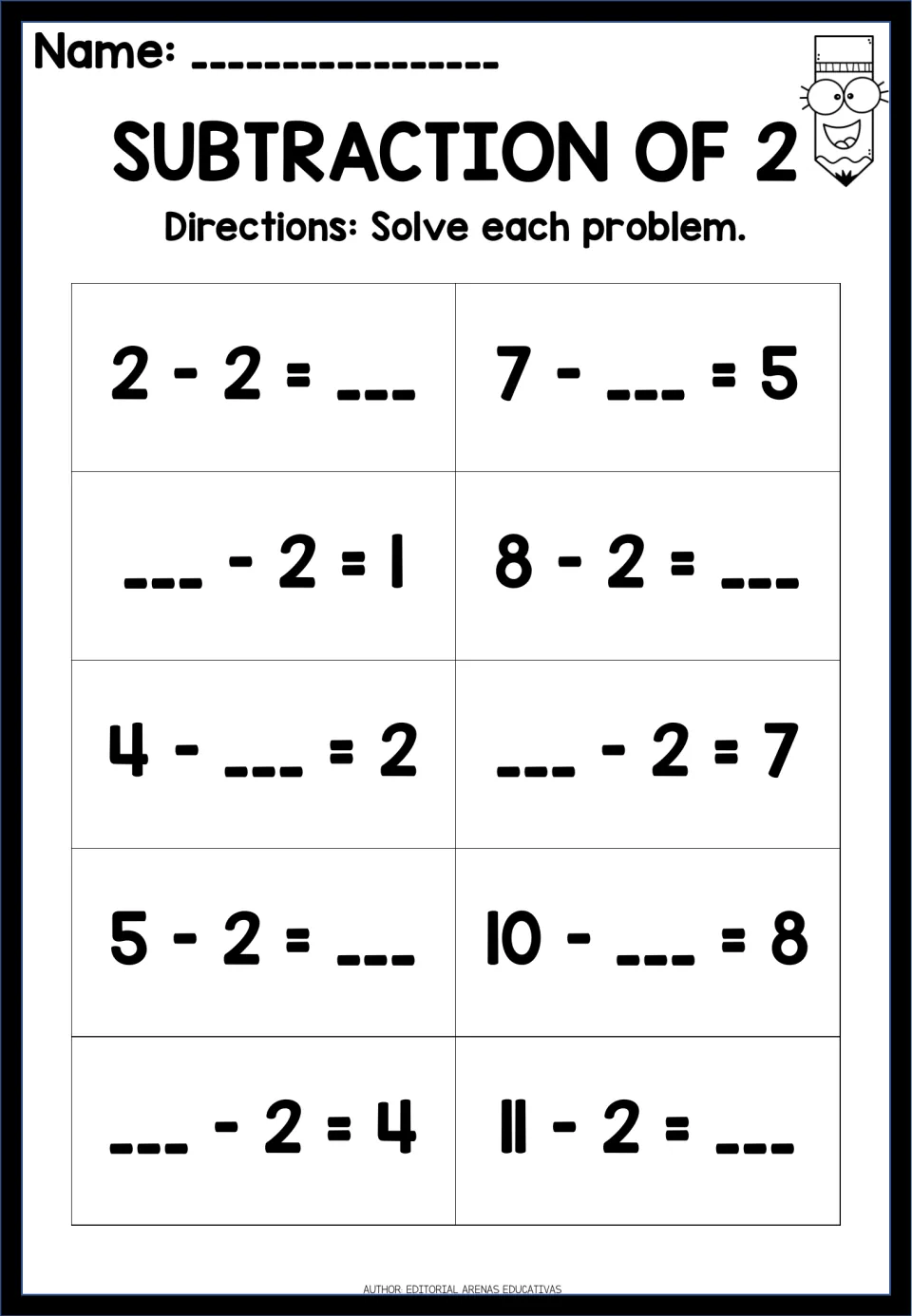 Subtraction of 2: students find the missing difference, start number or number taken away in 10 facts up to 11 - 2