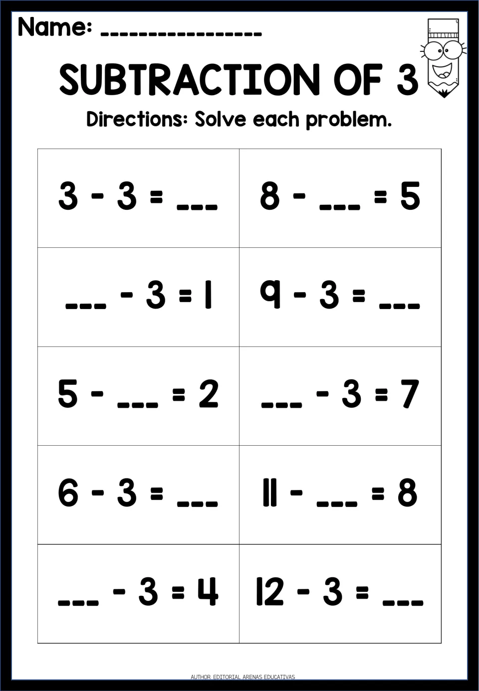 Subtraction of 3: students solve 10 problems with a blank in any position, such as 5 - ___ = 2 and ___ - 3 = 4